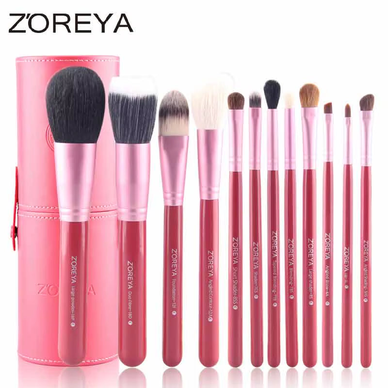 Zoreya 12-Piece Natural Hair Makeup Brush Set | Goat & Pony Hair with Holder - Essence Bleu