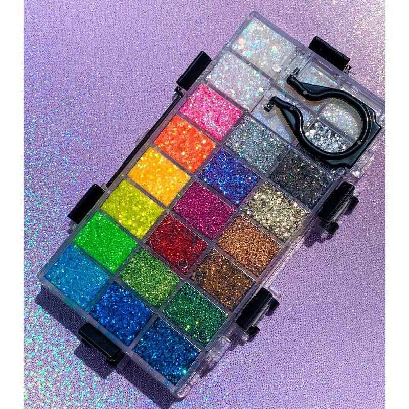 Slayfire Brilliance 24-Color Glitter Gel Palette | Long-Lasting, No-Glue Body & Face Glitter - Essence Bleu