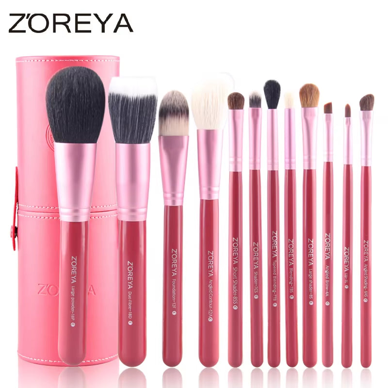 Zoreya 12-Piece Natural Hair Makeup Brush Set | Goat & Pony Hair with Holder - Essence Bleu