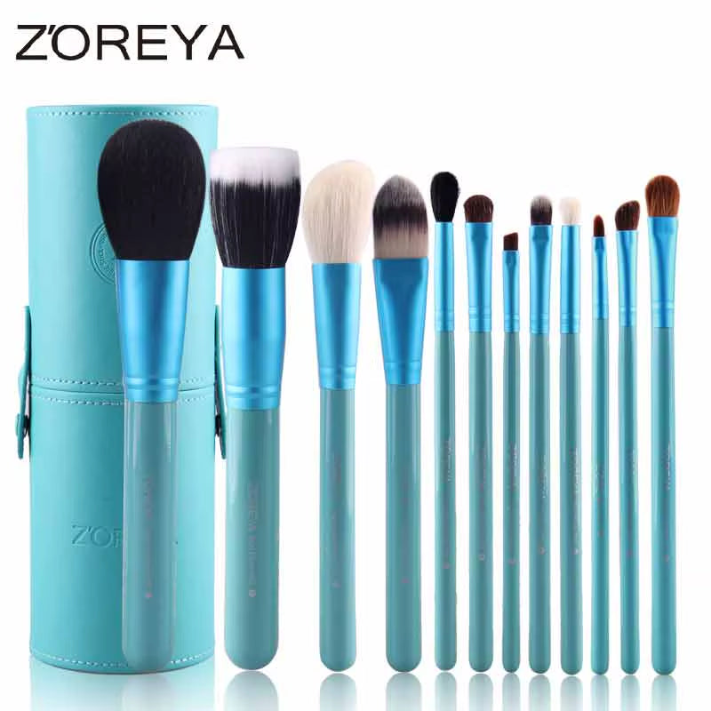 Zoreya 12-Piece Natural Hair Makeup Brush Set | Goat & Pony Hair with Holder - Essence Bleu