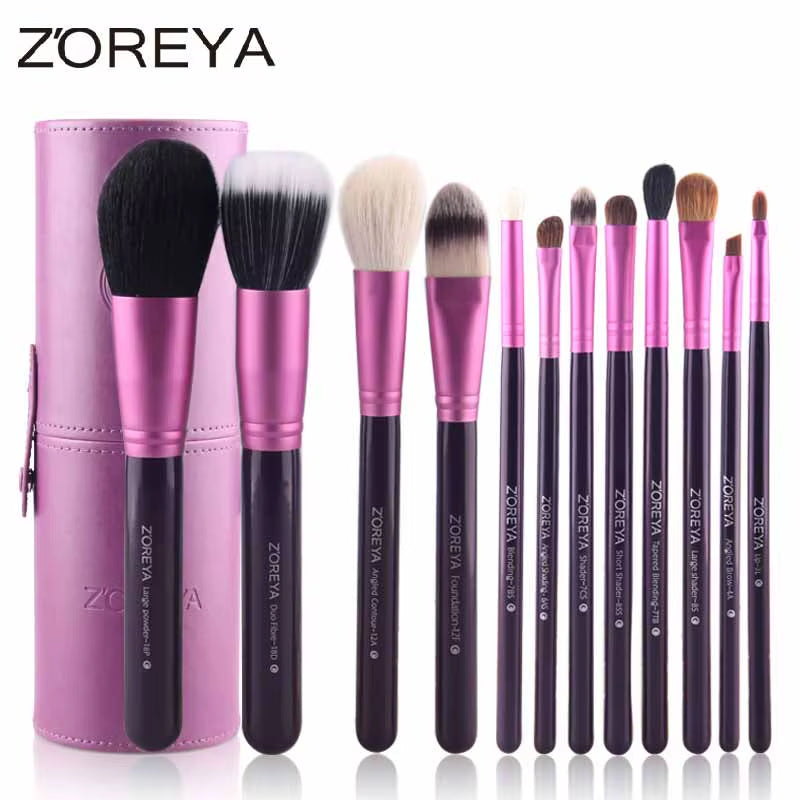 Zoreya 12-Piece Natural Hair Makeup Brush Set | Goat & Pony Hair with Holder - Essence Bleu