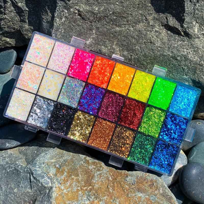 Slayfire Brilliance 24-Color Glitter Gel Palette | Long-Lasting, No-Glue Body & Face Glitter - Essence Bleu