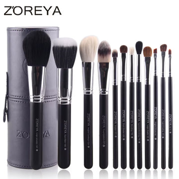 Zoreya 12-Piece Natural Hair Makeup Brush Set | Goat & Pony Hair with Holder - Essence Bleu