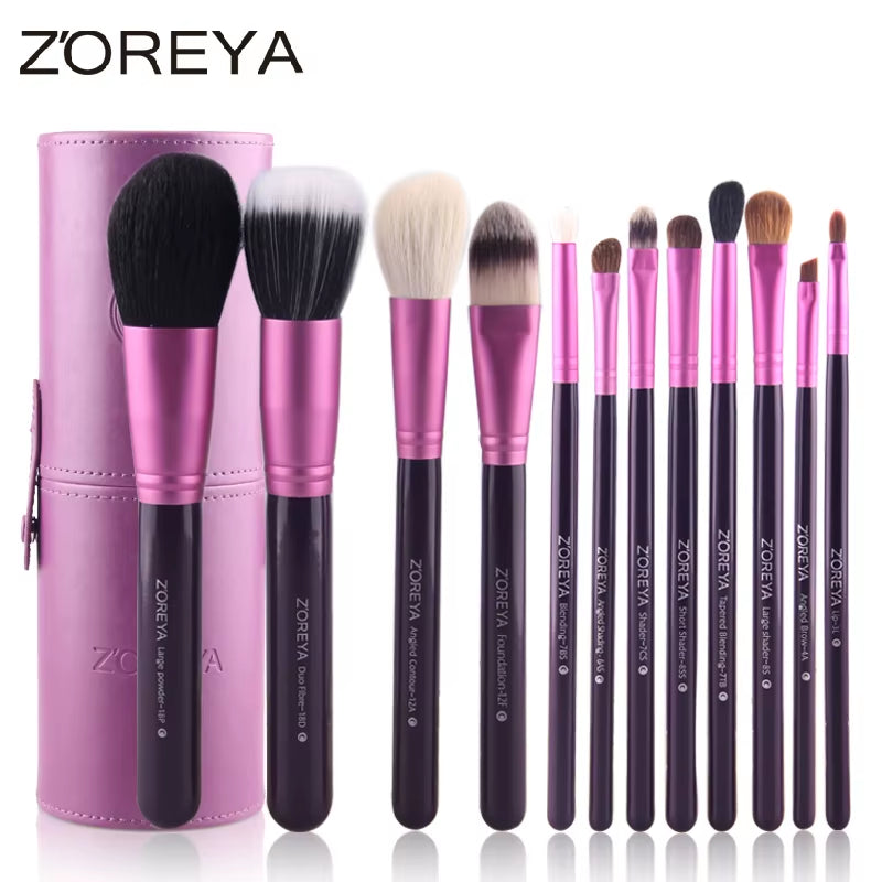 Zoreya 12-Piece Natural Hair Makeup Brush Set | Goat & Pony Hair with Holder - Essence Bleu