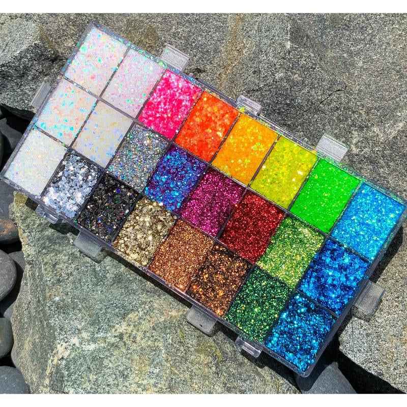 Slayfire Brilliance 24-Color Glitter Gel Palette | Long-Lasting, No-Glue Body & Face Glitter - Essence Bleu