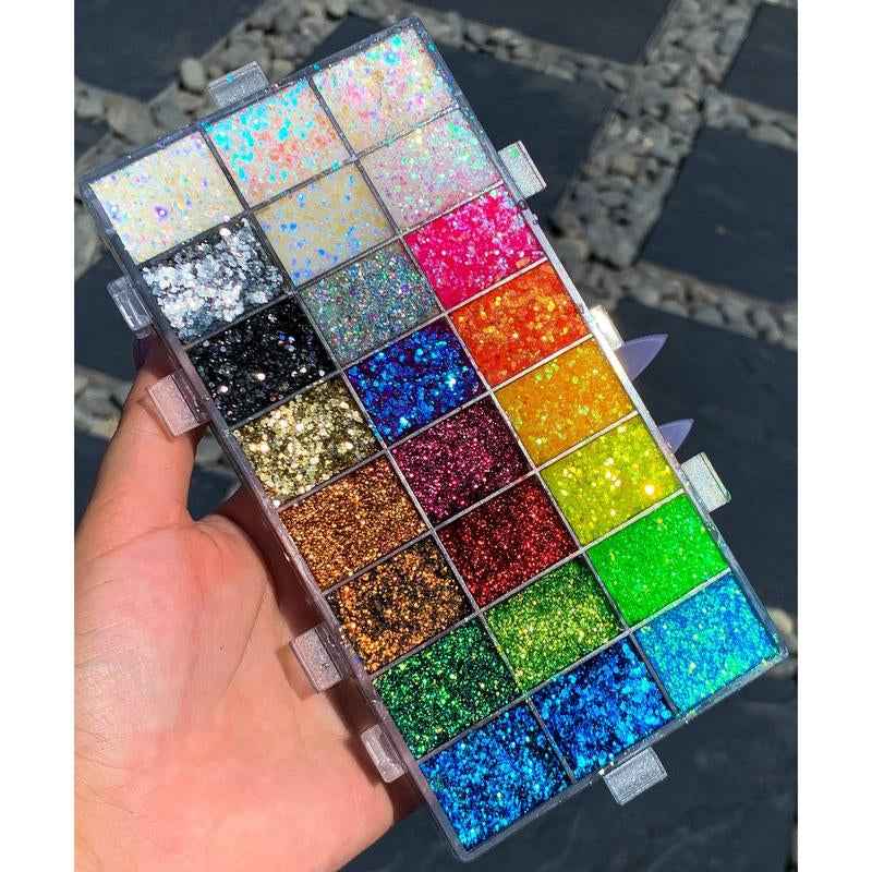 Slayfire Brilliance 24-Color Glitter Gel Palette | Long-Lasting, No-Glue Body & Face Glitter - Essence Bleu