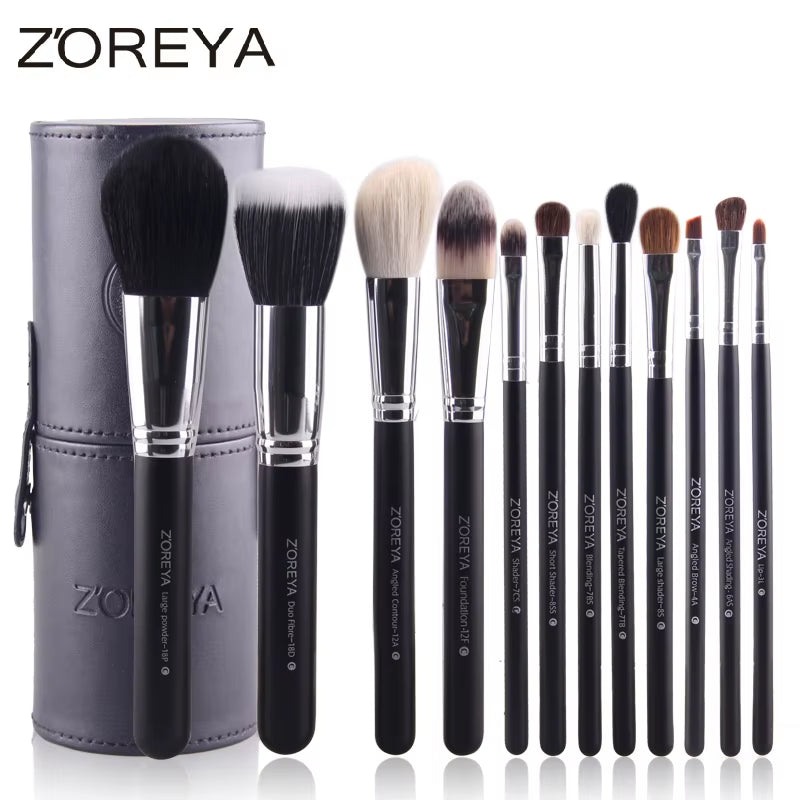 Zoreya 12-Piece Natural Hair Makeup Brush Set | Goat & Pony Hair with Holder - Essence Bleu
