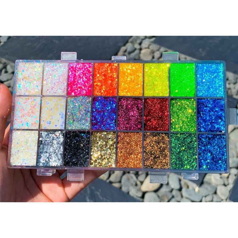 Slayfire Brilliance 24-Color Glitter Gel Palette | Long-Lasting, No-Glue Body & Face Glitter - Essence Bleu